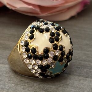 Statement Ring Gorgeous Gold Tone with White Blue Enamel and Rhinestones